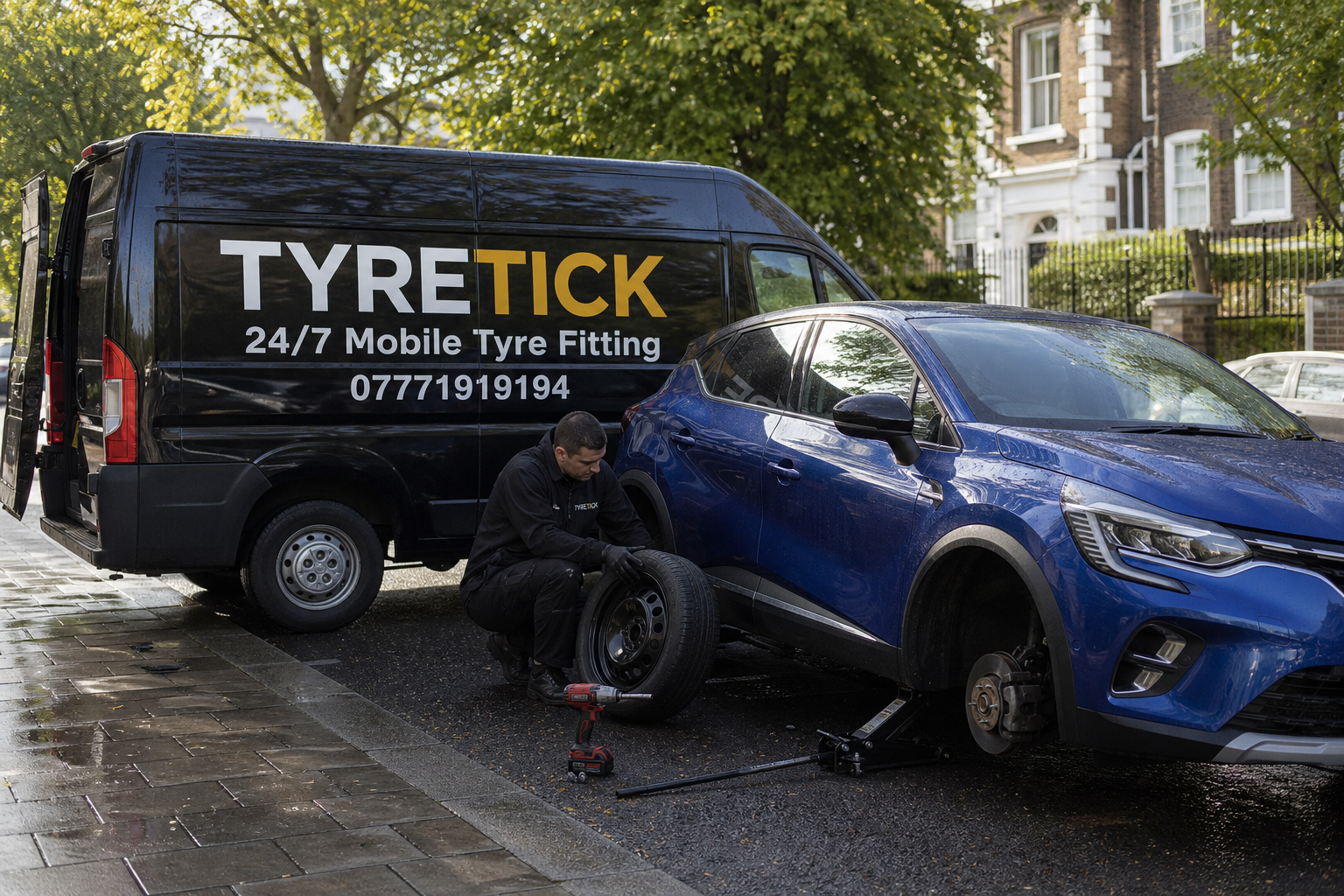 Mobile tyre fitting on a Renault Captur in Greenwich after rain