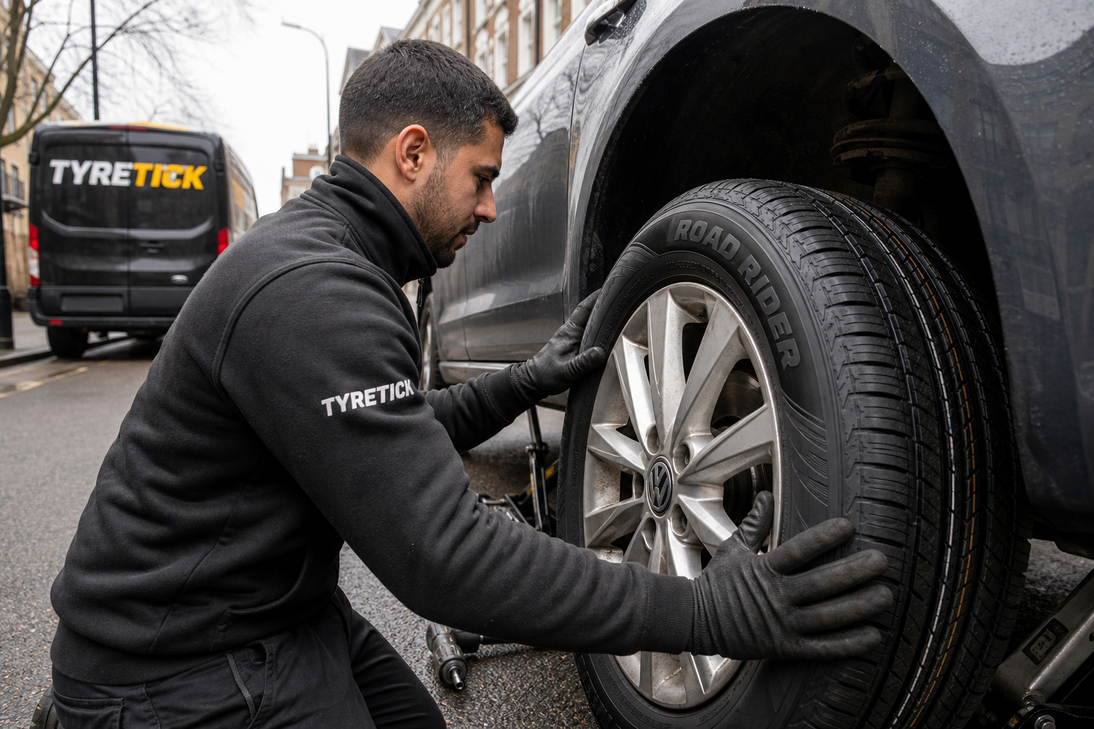 Road Rider tyres fitted to a Volkswagen Golf during mobile tyre fitting in Camden
