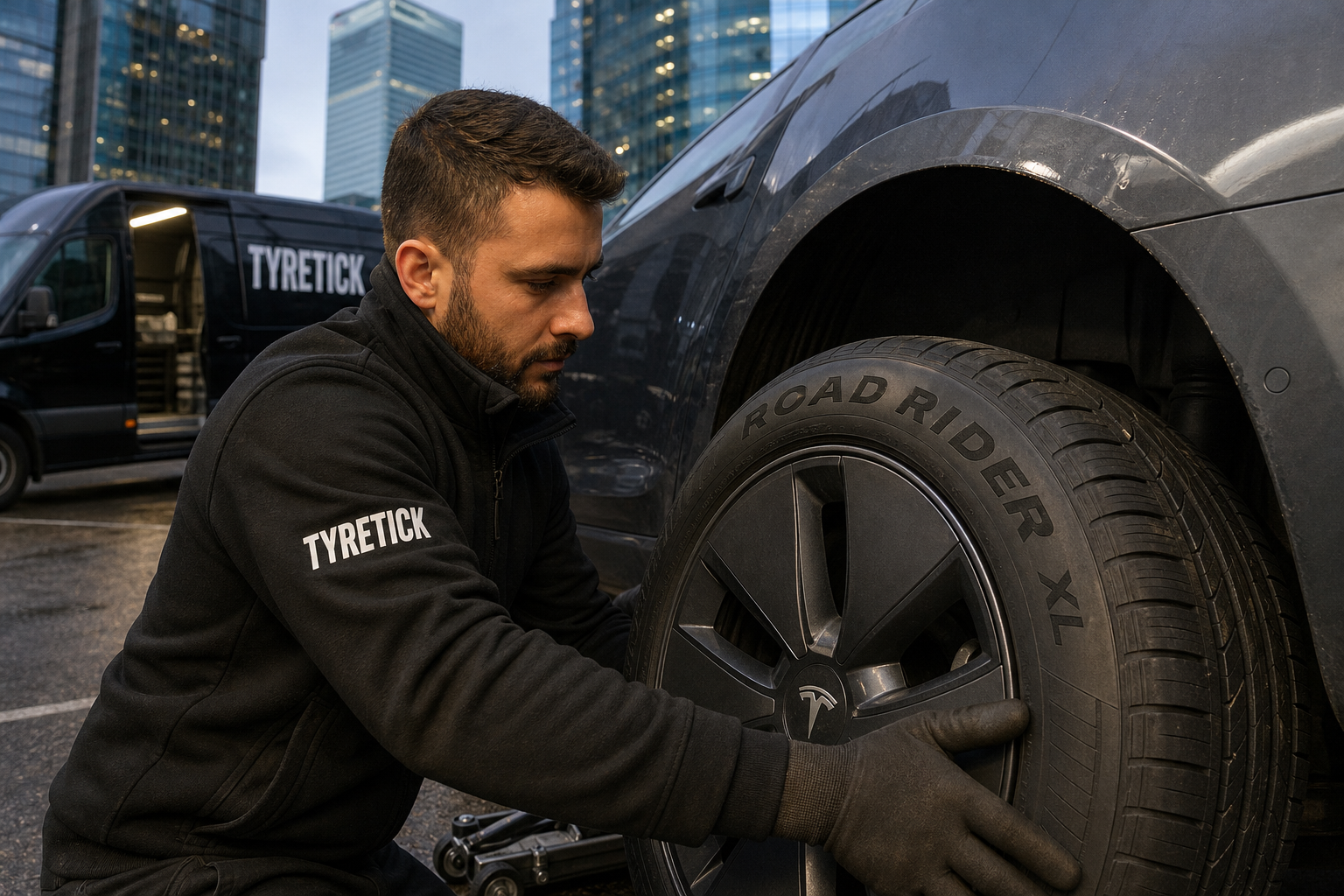 Road Rider tyres fitted to a Tesla Model 3 in a Canary Wharf office car park