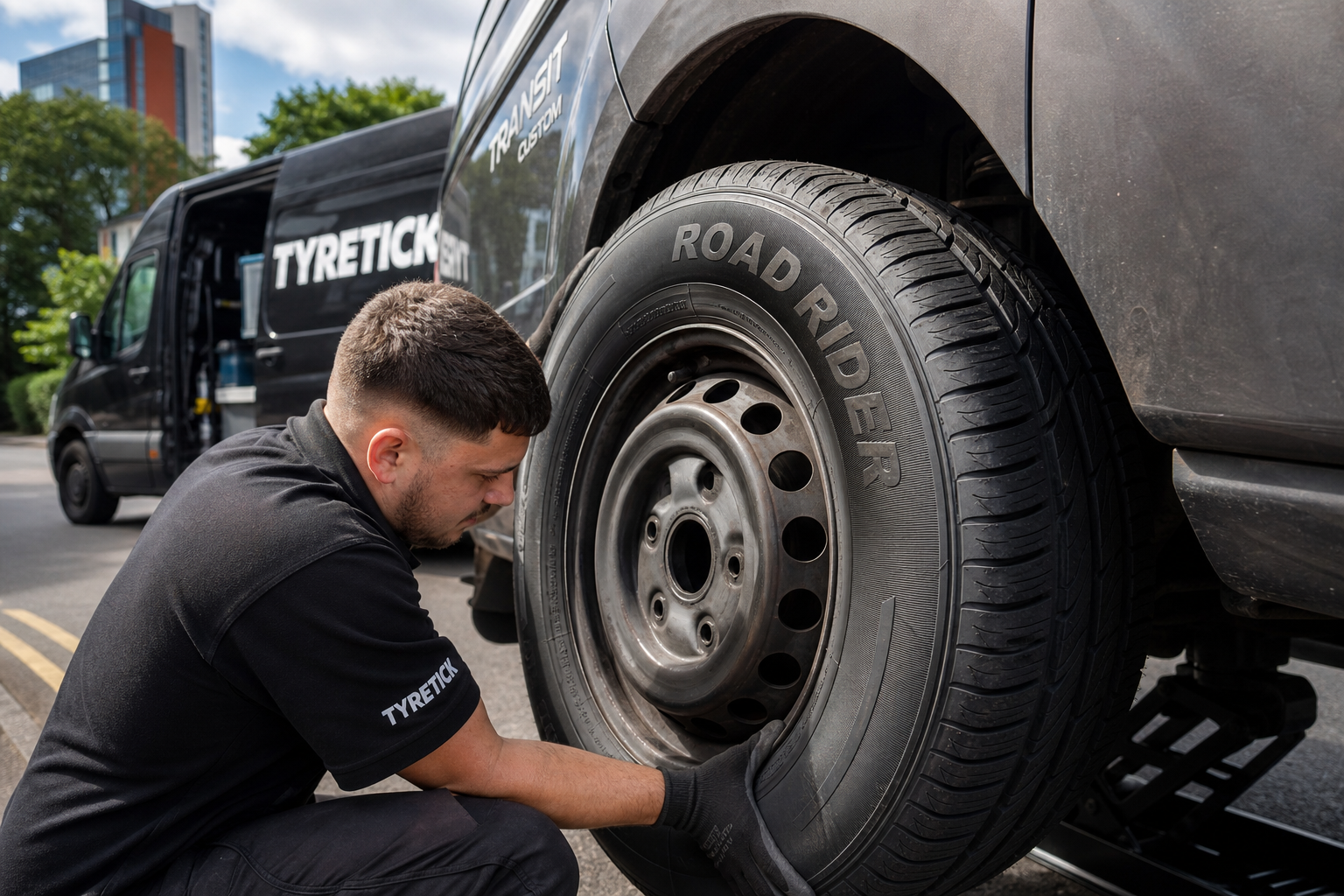 Road Rider tyres fitted to a Ford Transit Custom during roadside tyre replacement in Croydon