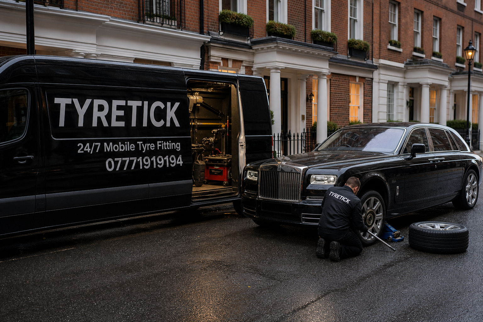 Mobile tyre fitting for a Rolls-Royce Phantom in Mayfair after rain