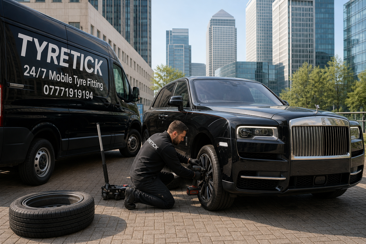 Rolls-Royce Cullinan tyre replacement in a Canary Wharf office car park