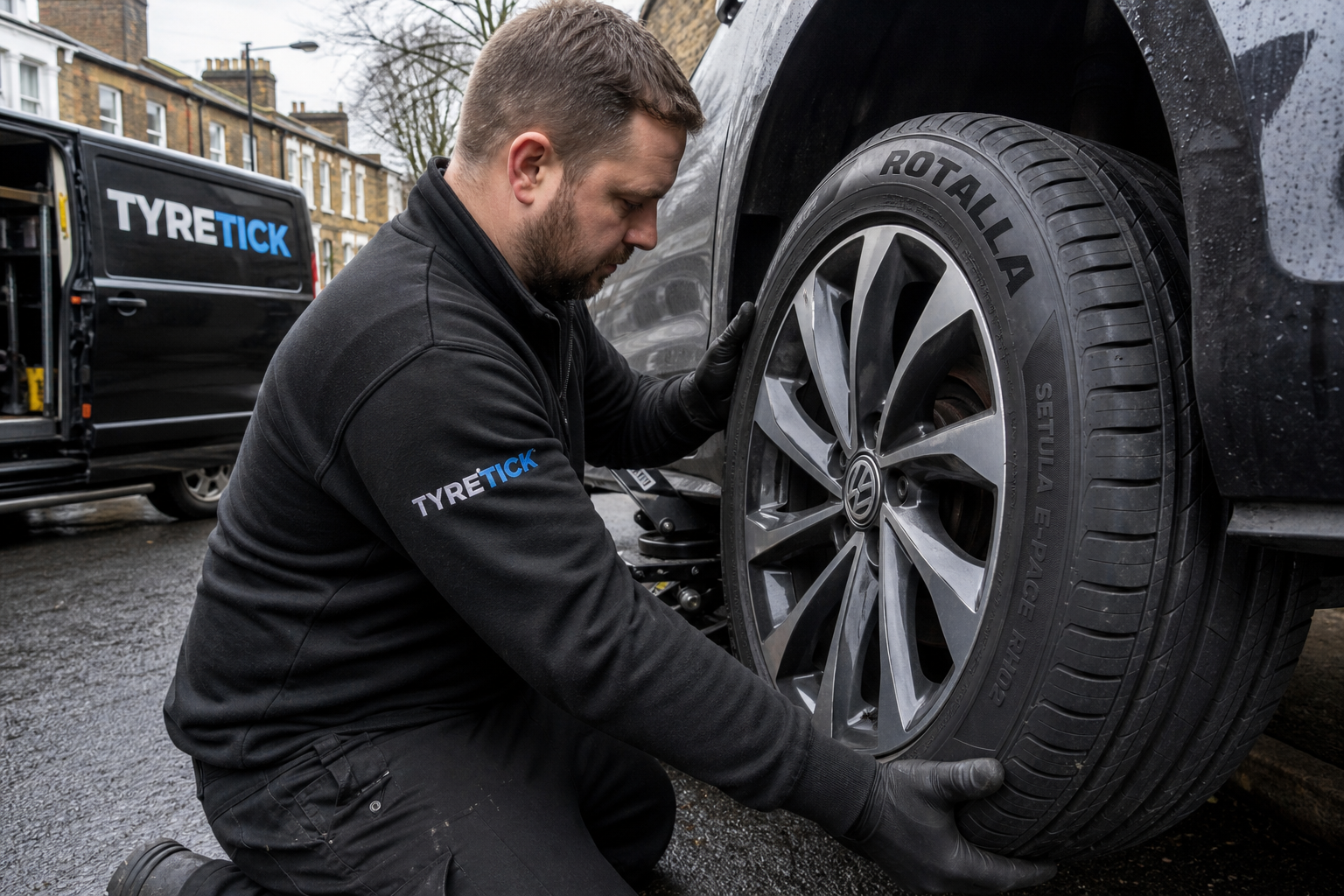 Rotalla tyres fitted to a Volkswagen Golf by a mobile technician in Camden