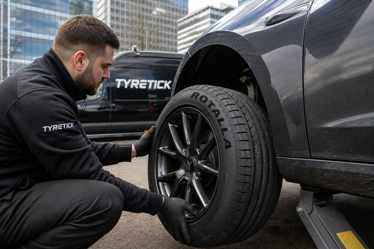 Rotalla tyres fitted to a Tesla Model 3 in a Canary Wharf office car park