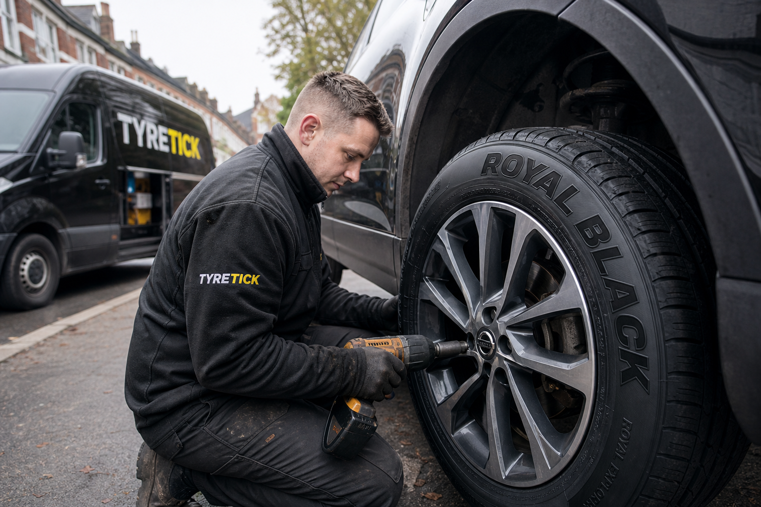 Royal Black tyres fitted to a Nissan Qashqai on a Clapham street