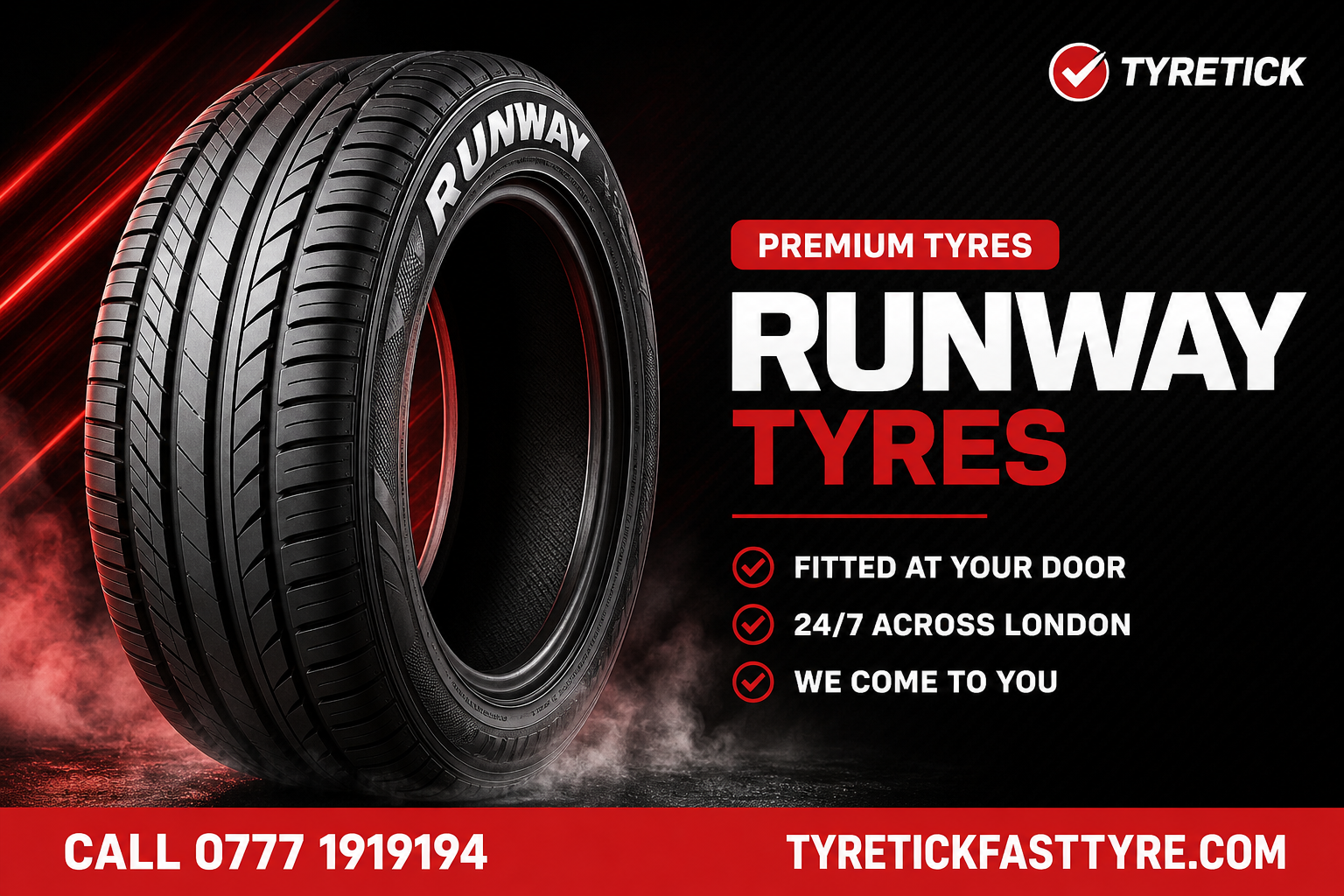 Runway tyres fitted by a mobile tyre technician in London