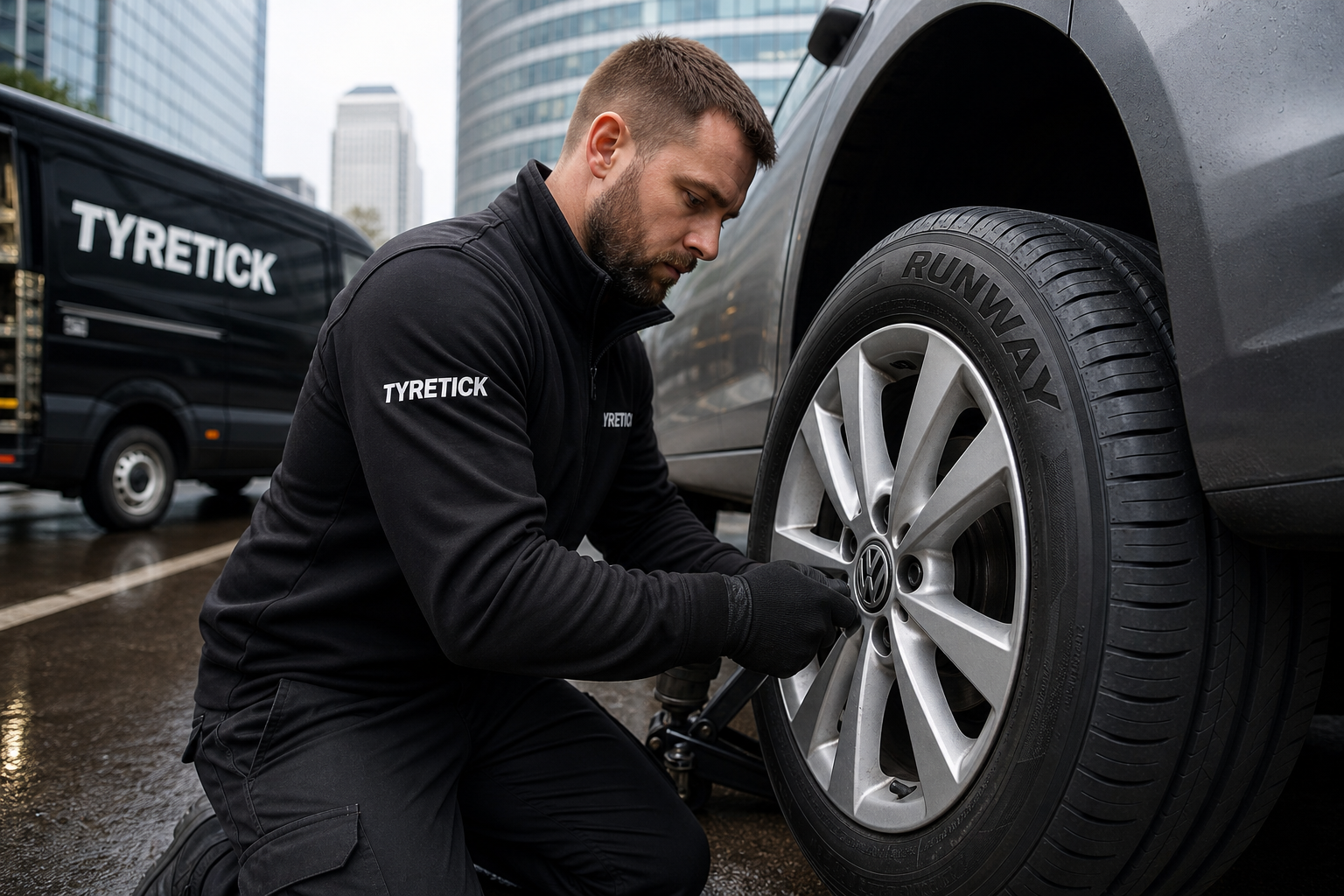 Runway tyres being fitted to a Volkswagen Golf in Canary Wharf