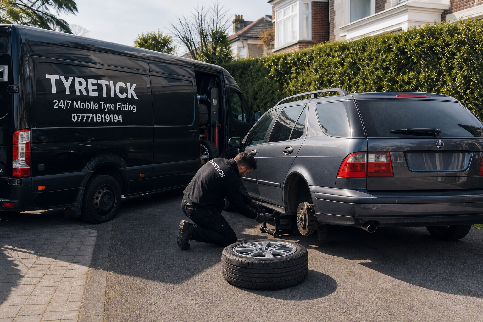 Saab 9-5 SportCombi tyre replacement on a Richmond driveway