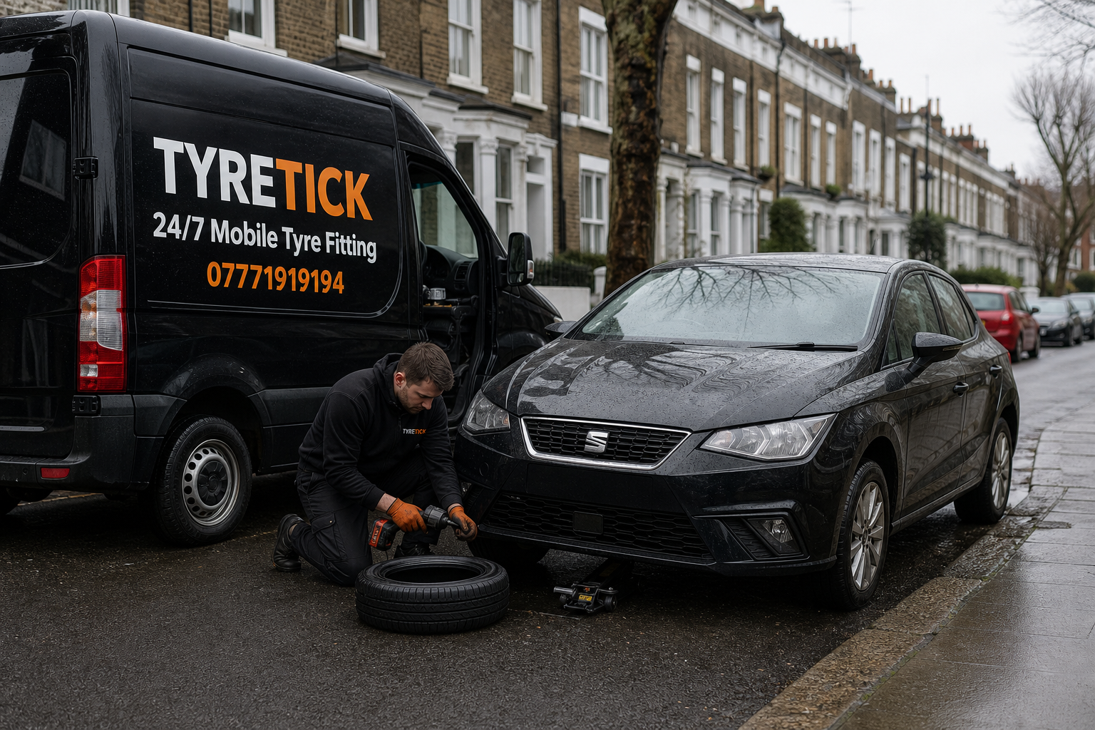 Mobile tyre fitting for a SEAT Ibiza on a Camden street