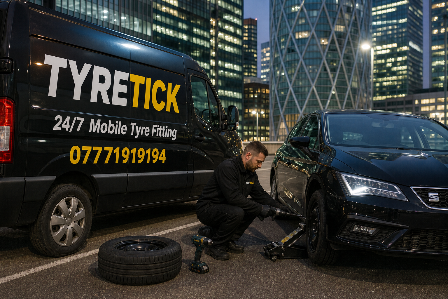 SEAT Leon tyre replacement in a Canary Wharf office car park