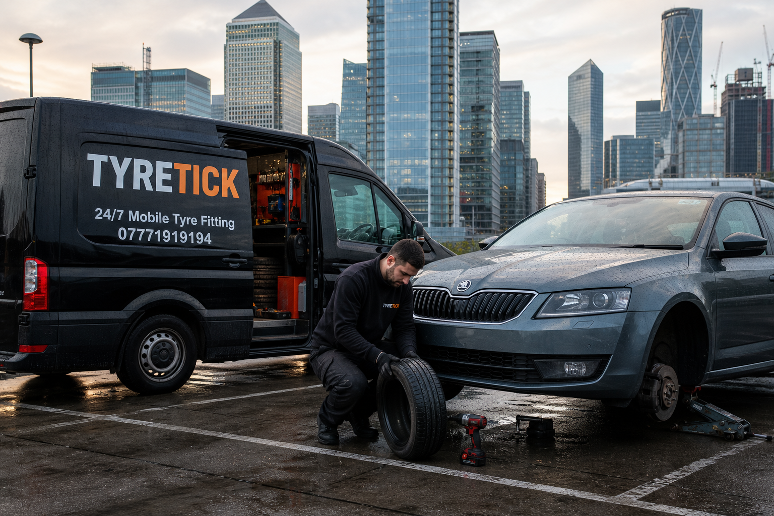 Mobile tyre fitting for a Skoda Octavia in Canary Wharf office car park