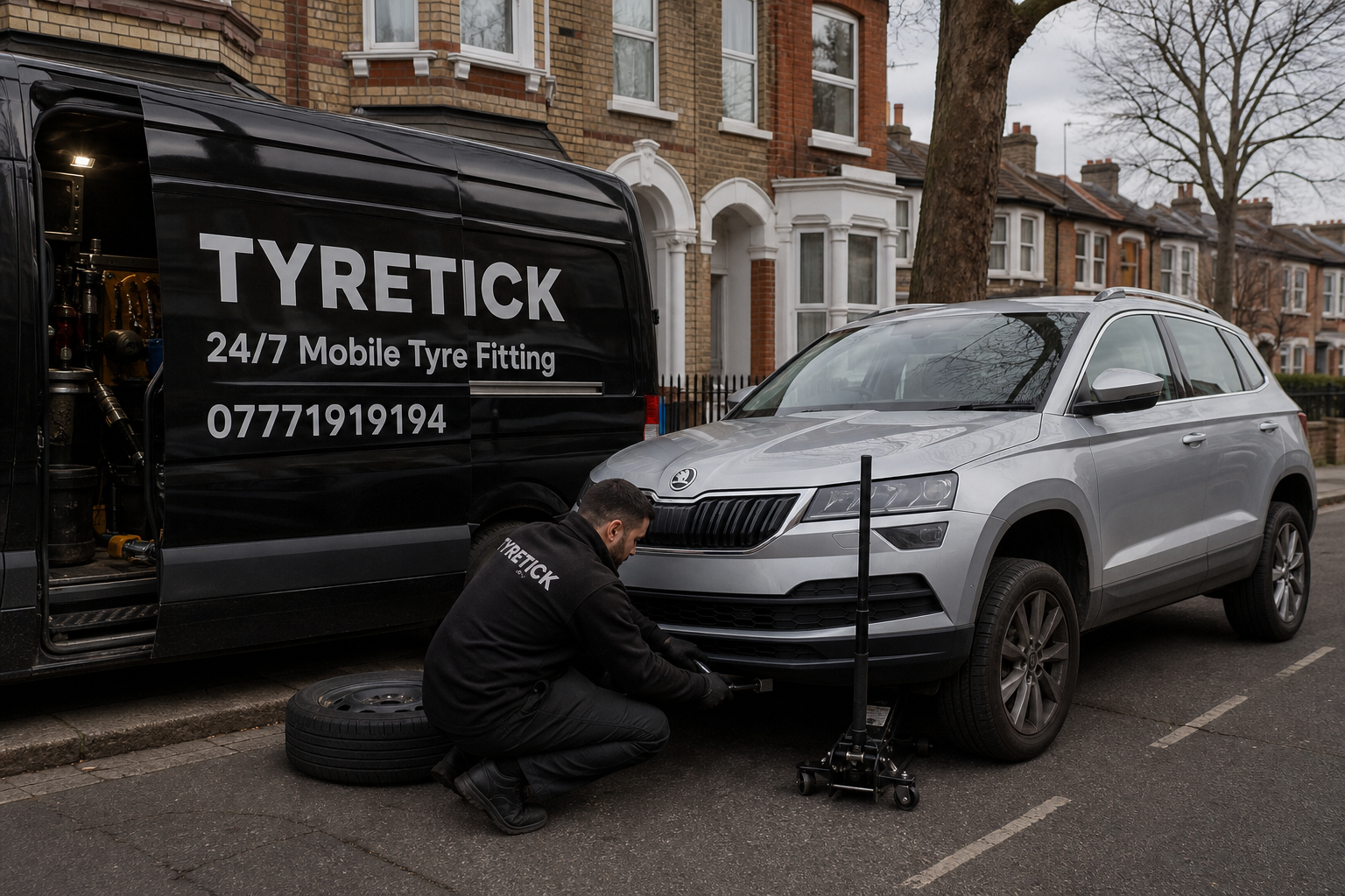 Skoda Karoq receiving roadside tyre replacement in Clapham