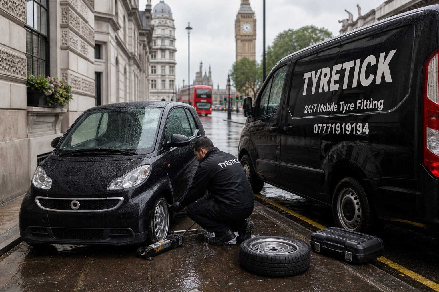 Smart Fortwo receiving mobile tyre fitting on a Westminster street in light rain