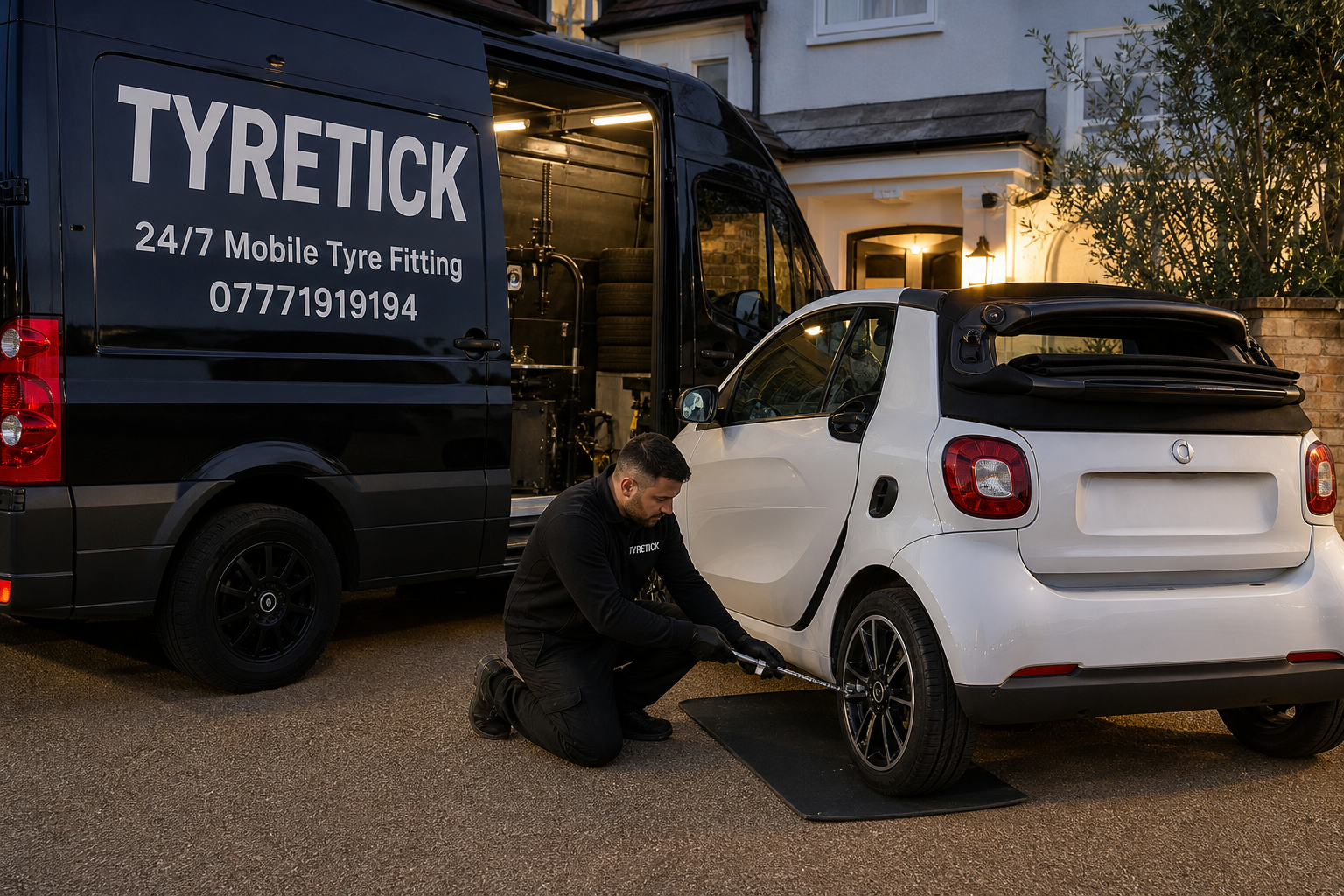 Smart EQ Fortwo Cabrio tyre safety check on a Richmond driveway
