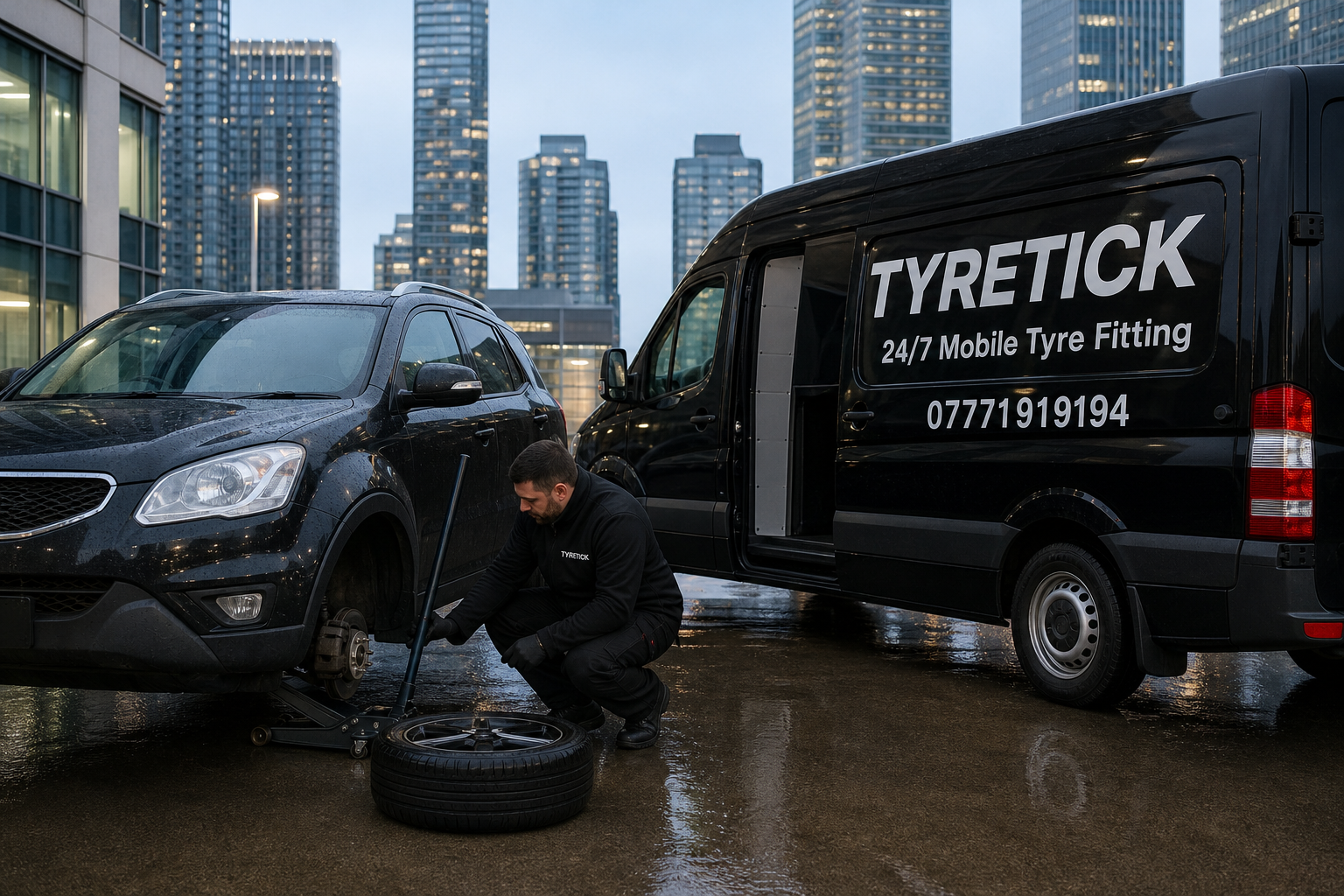 SsangYong Korando mobile tyre fitting in Canary Wharf office car park