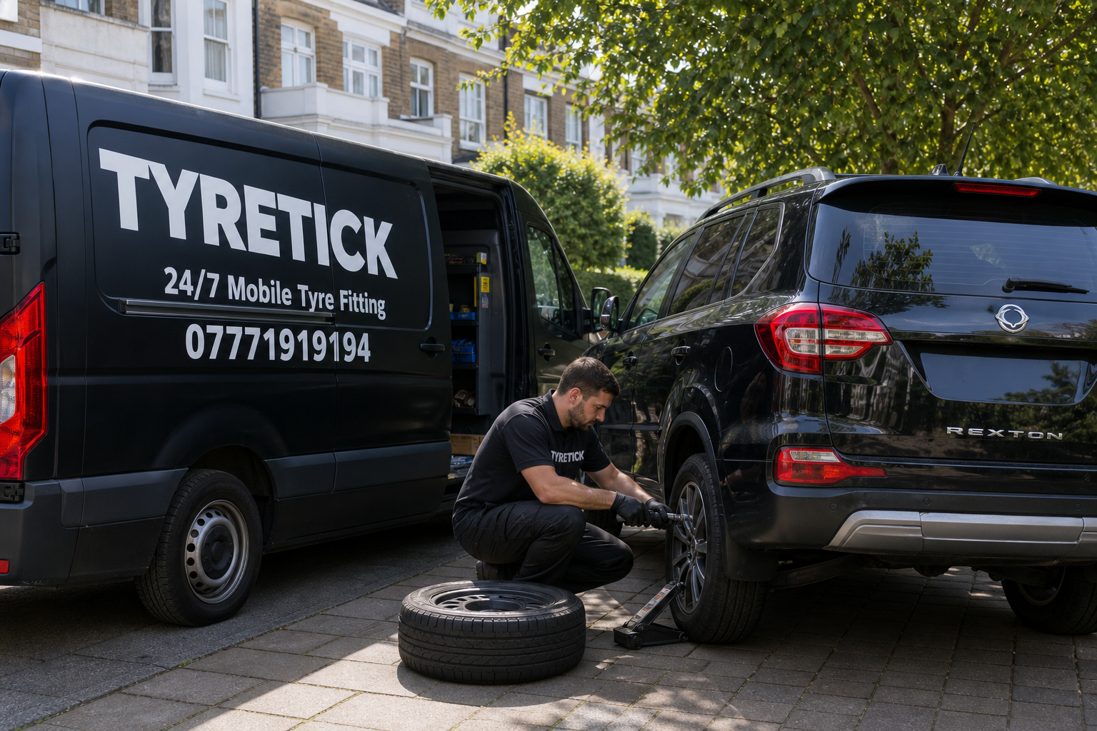 SsangYong Rexton receiving driveway tyre replacement in Wimbledon