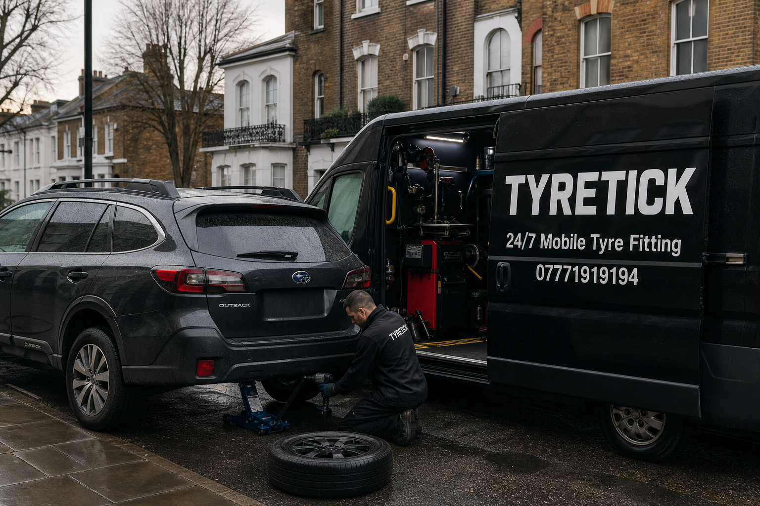 Subaru Outback mobile tyre fitting on a wet Camden street