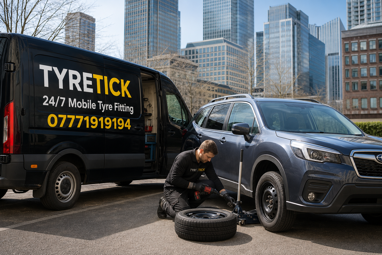 Subaru Forester tyre replacement in a Canary Wharf office car park
