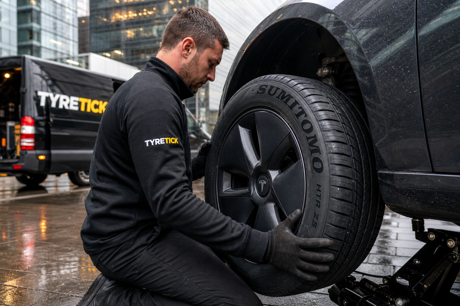 Mobile technician fitting Sumitomo tyres to a Tesla Model 3 in Canary Wharf
