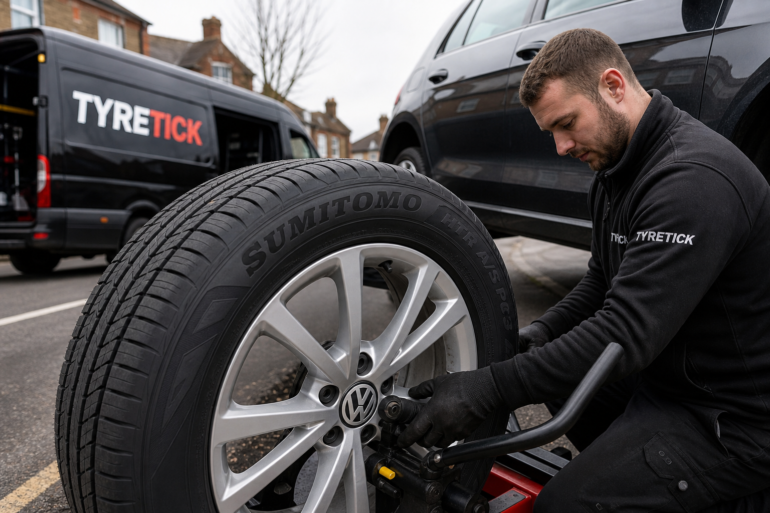 Sumitomo tyres being fitted to a Volkswagen Golf on a Clapham street