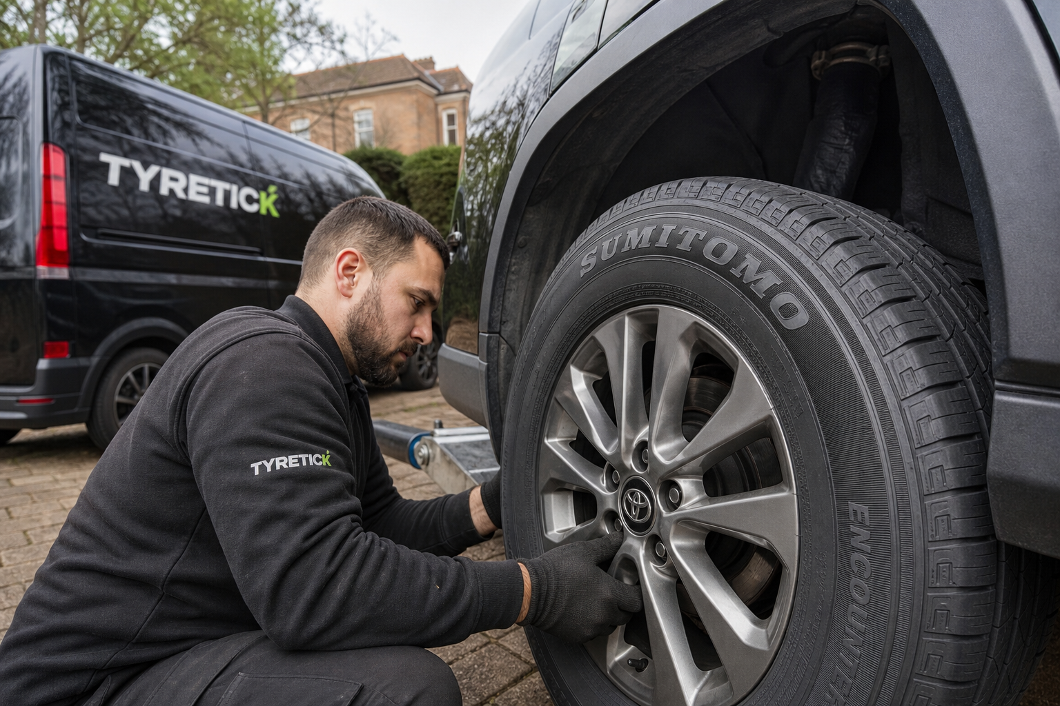 Toyota RAV4 on a Richmond driveway with Sumitomo tyres fitted by a mobile technician