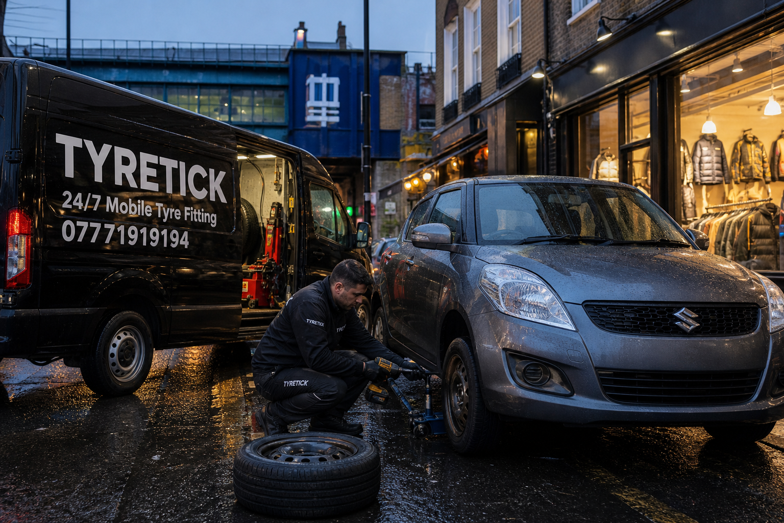 Mobile tyre fitting for a Suzuki Swift on a rainy evening in Camden