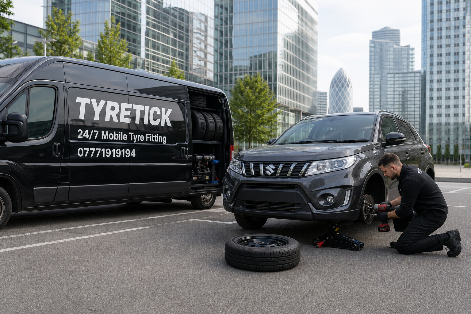 Suzuki Vitara tyre replacement in a Canary Wharf office car park