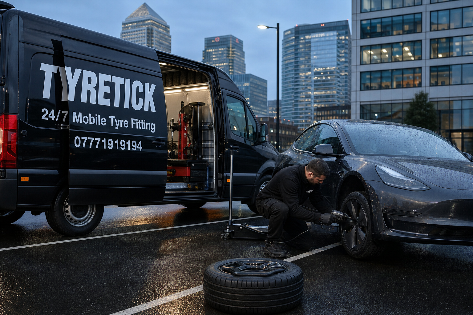 Tesla Model 3 mobile tyre fitting in a Canary Wharf office car park