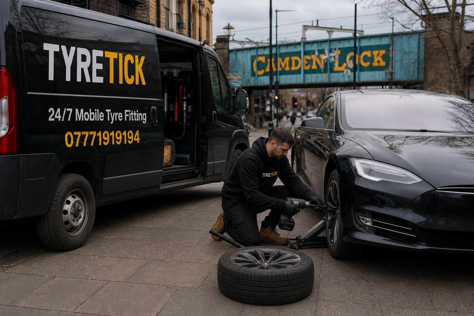 Tesla Model S roadside tyre replacement in Camden