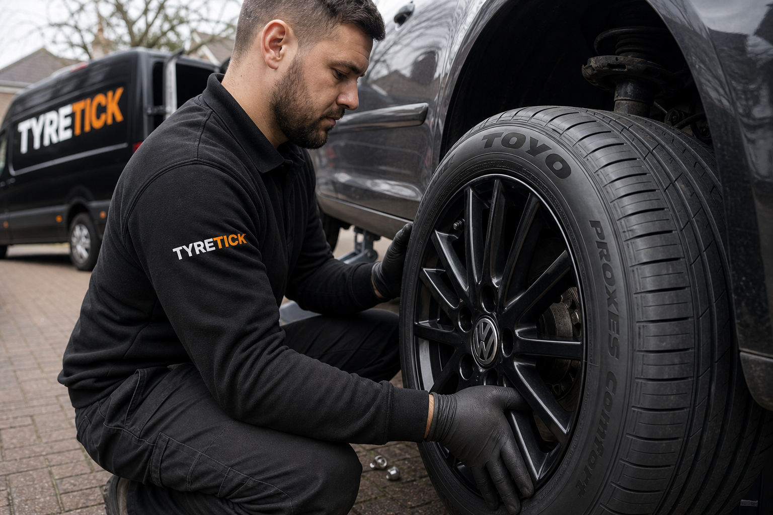 Mobile fitting of Toyo tyres on a Volkswagen Golf in Clapham