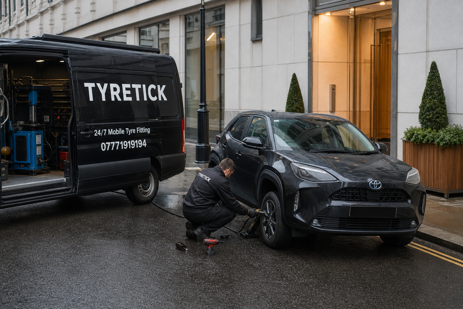 Mobile tyre fitting for a Toyota Yaris Cross in Westminster on a rainy morning