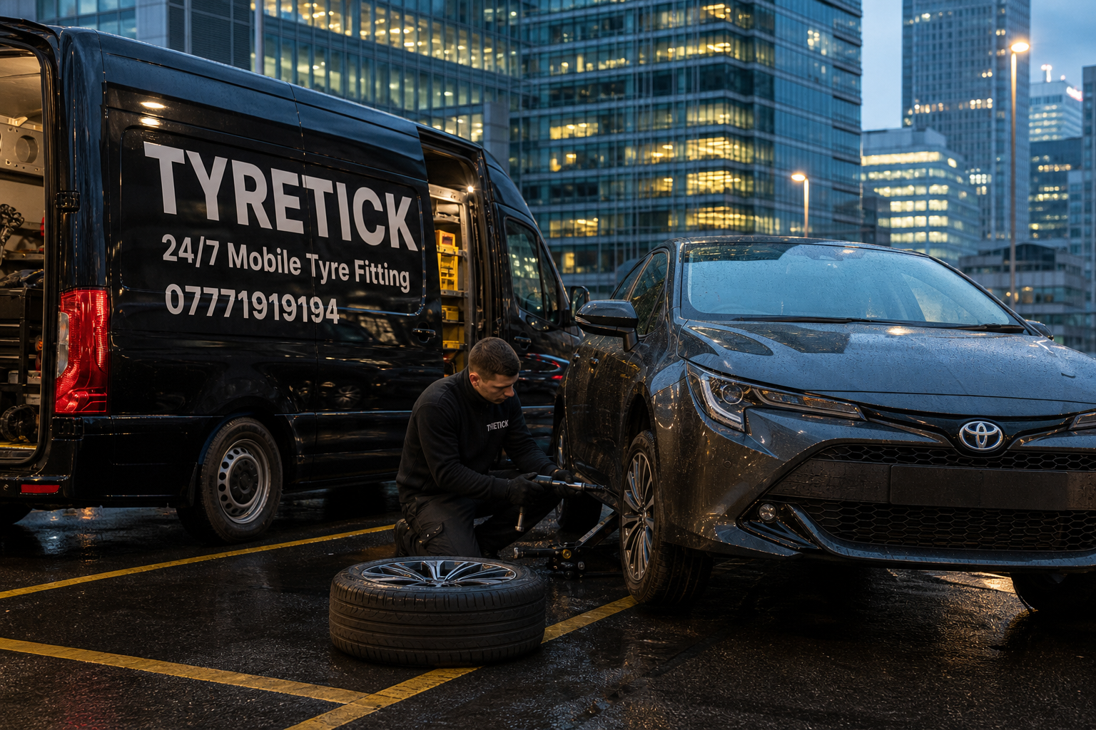 Toyota Corolla Hybrid tyre replacement in a Canary Wharf office car park
