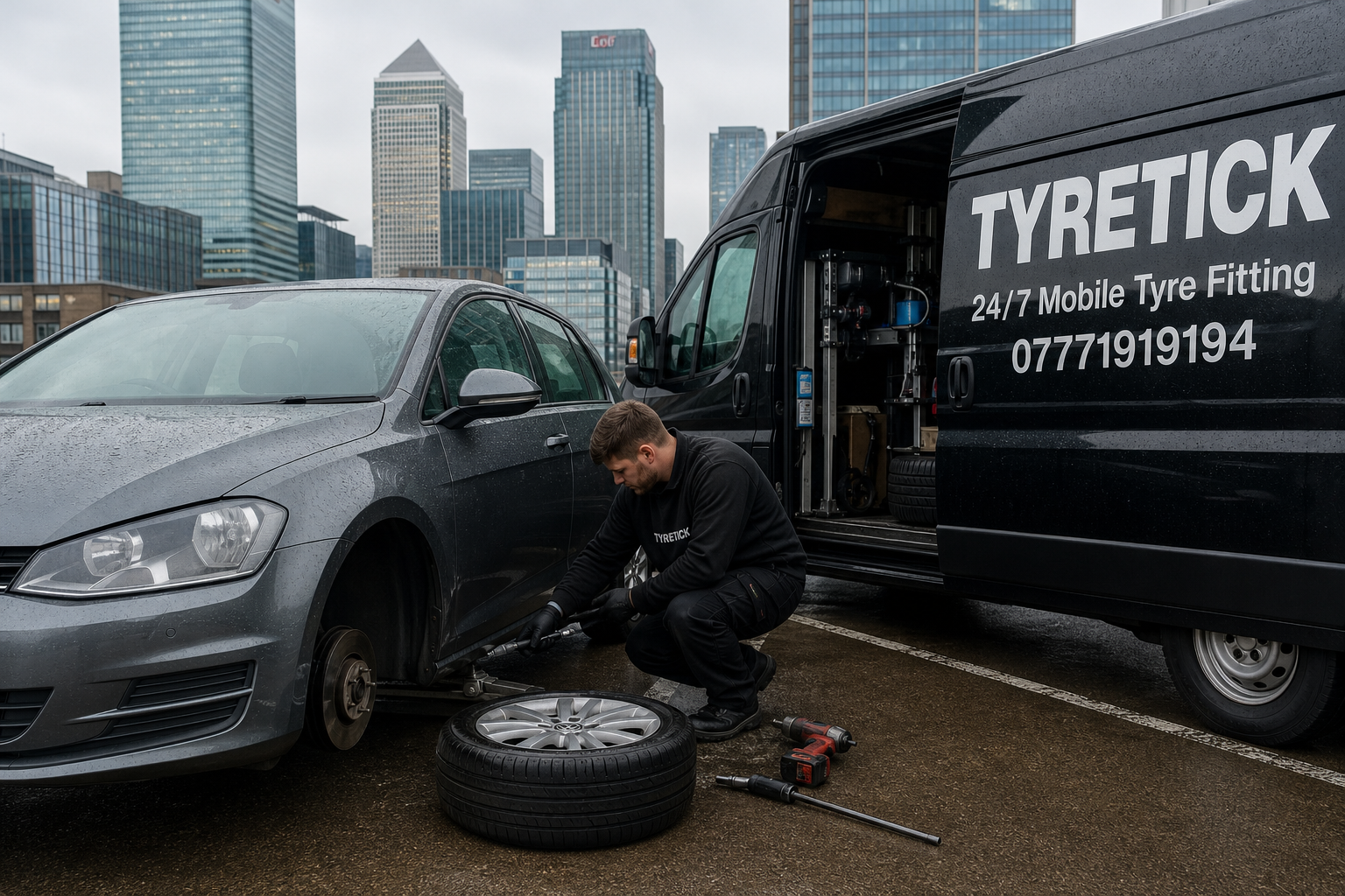 Mobile tyre fitting for a Volkswagen Golf in Canary Wharf