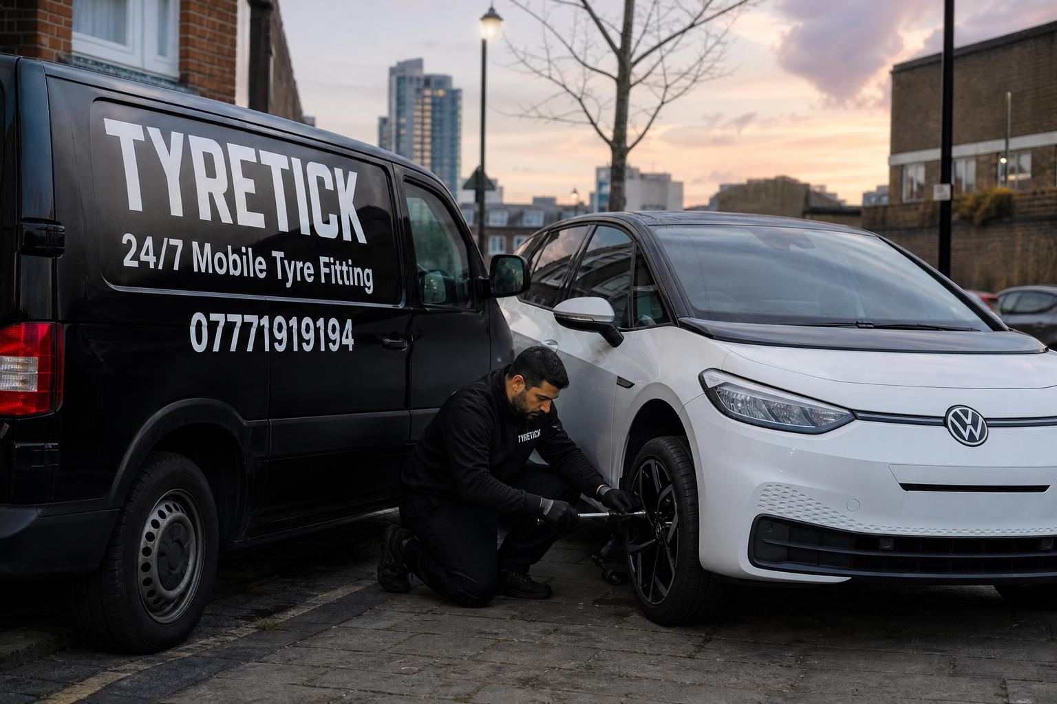 Volkswagen ID.3 tyre check by a mobile technician in Hackney