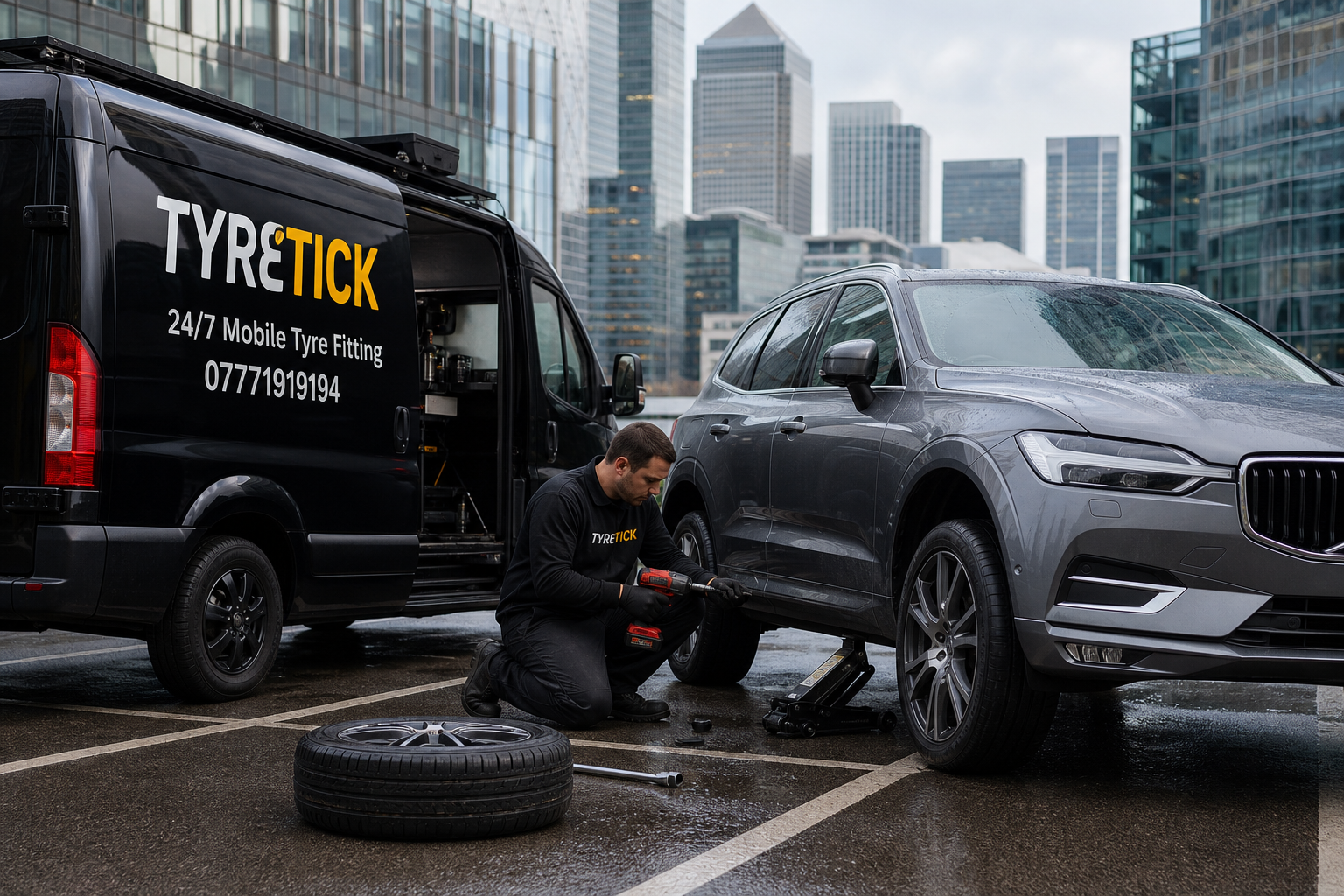 Mobile tyre fitting for a Volvo XC60 in a Canary Wharf office car park