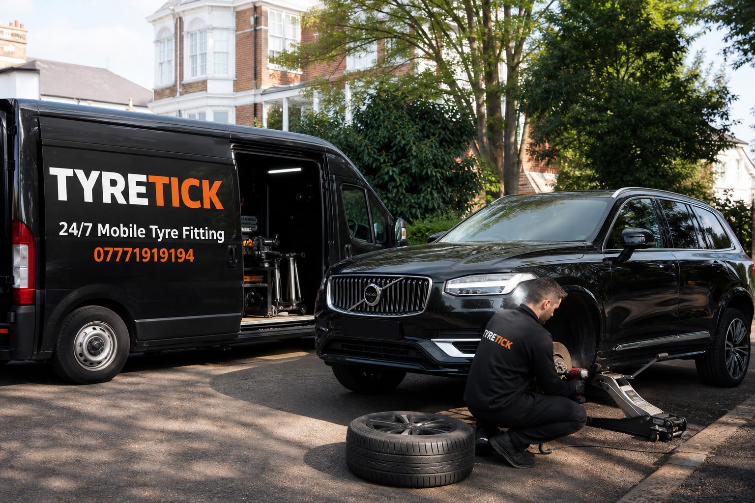 Volvo XC90 tyre replacement on a driveway in Richmond
