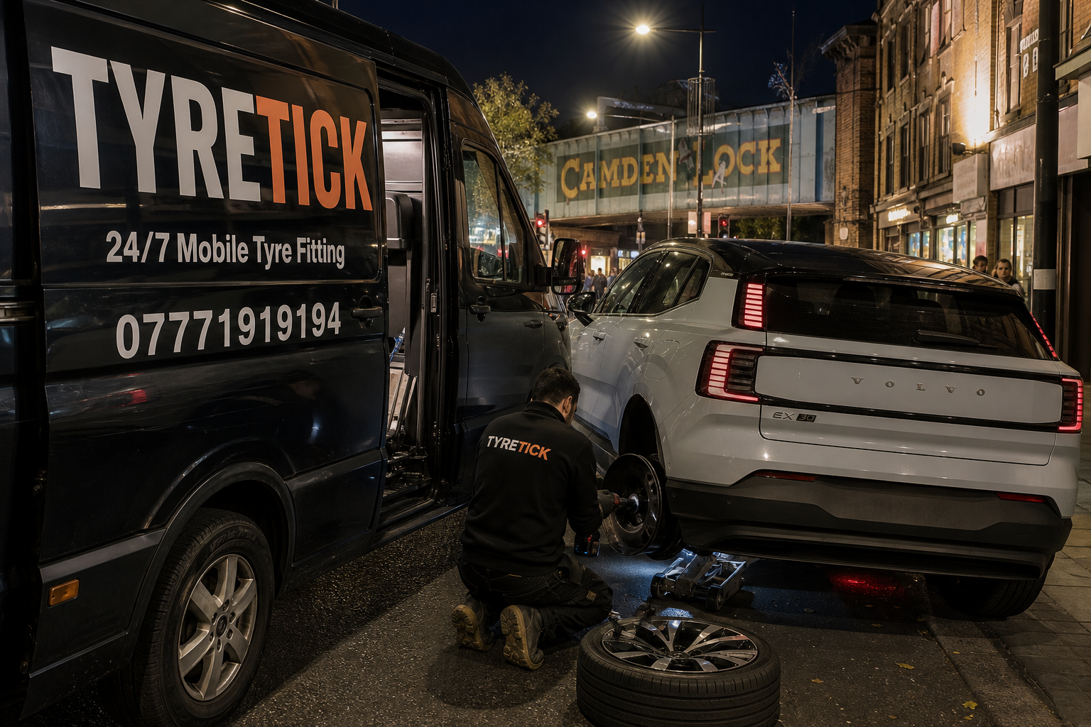 Roadside tyre replacement for a Volvo EX30 in Camden