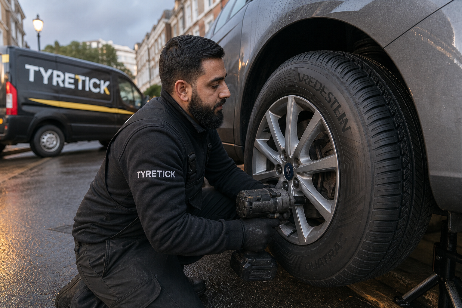 Mobile tyre technician fitting Vredestein tyres to a Ford Focus in Greenwich