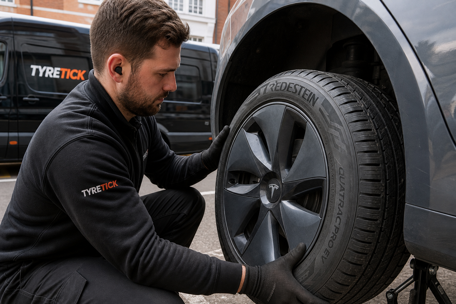 Vredestein tyres being fitted to a Tesla Model 3 in Kensington