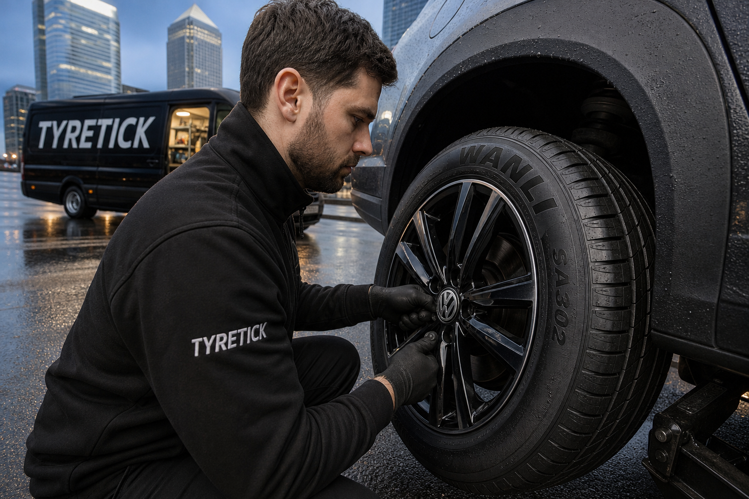 Wanli tyres being fitted to a Volkswagen Golf in Canary Wharf