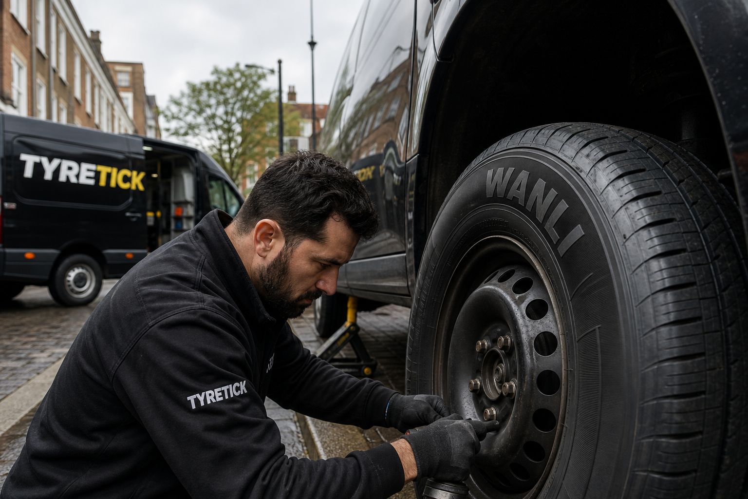 Wanli tyres roadside replacement on a Ford Transit Custom in Camden