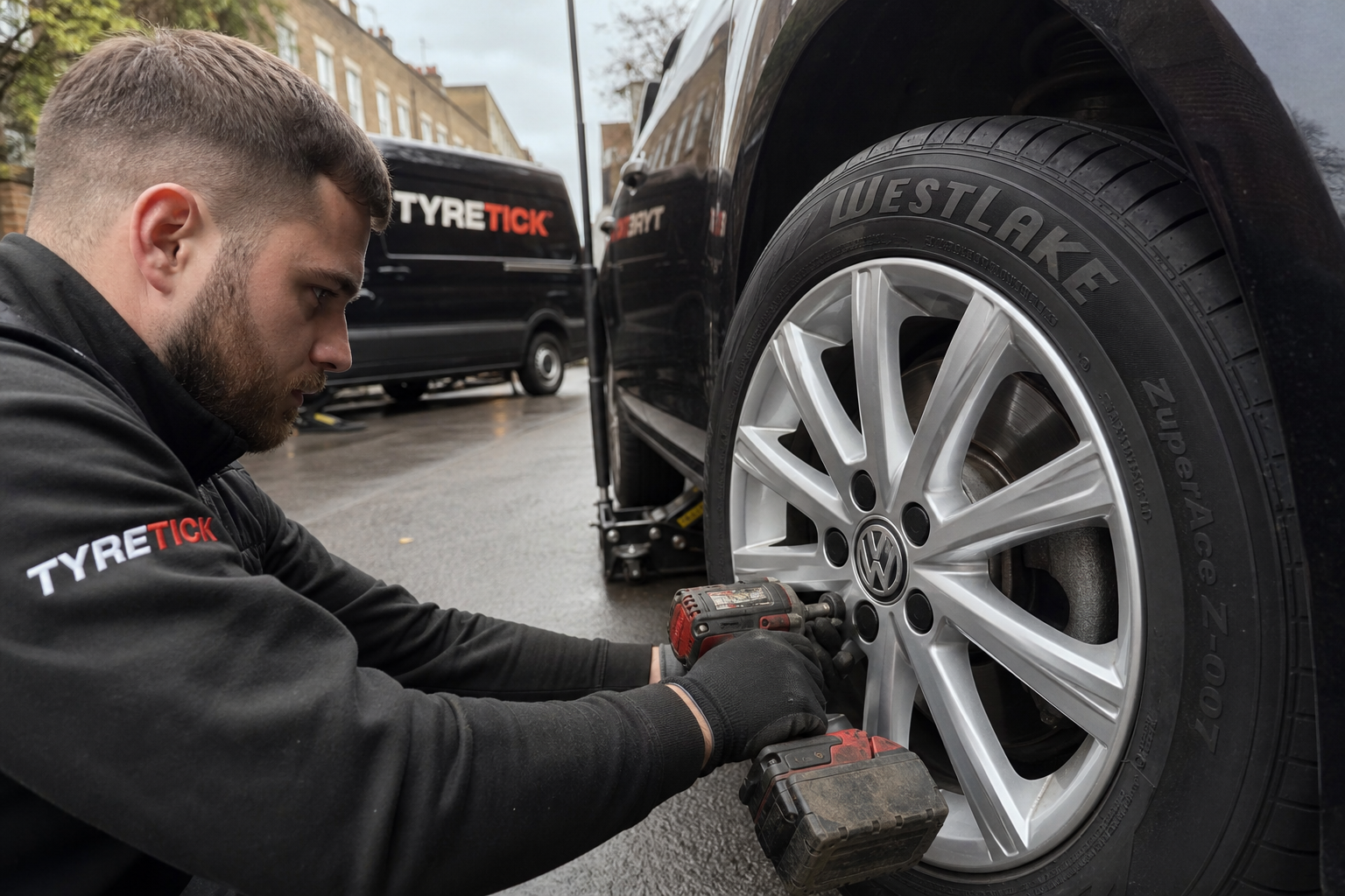 Westlake tyres being fitted to a Volkswagen Golf in Camden