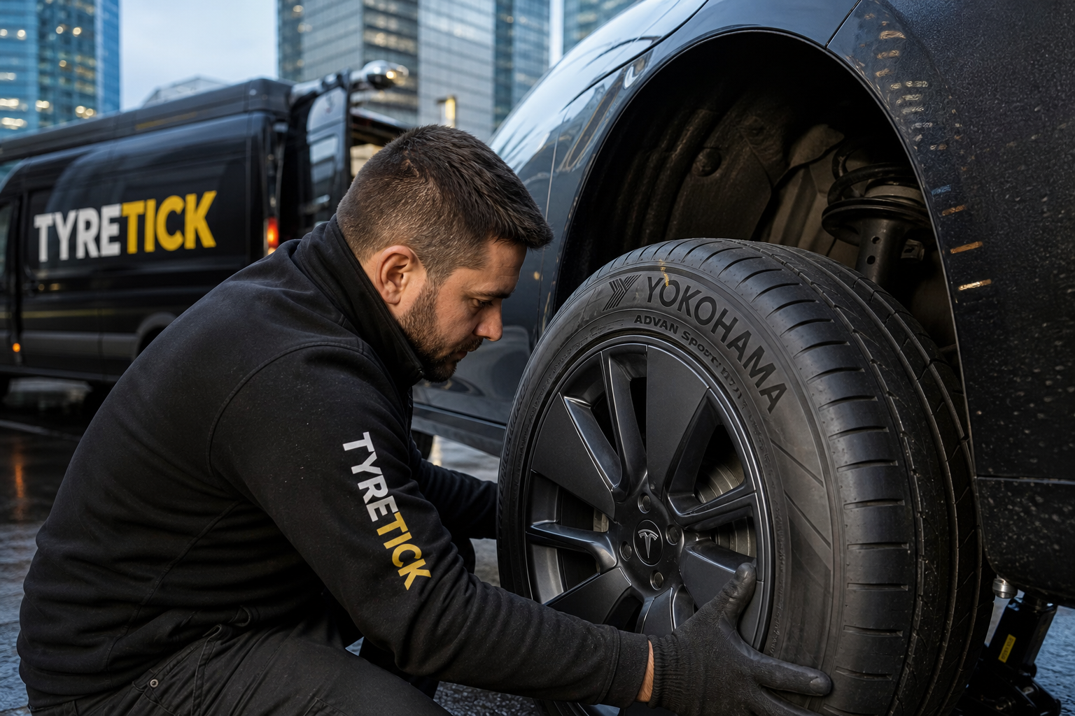 Yokohama tyres being fitted to a Tesla Model 3 in Canary Wharf