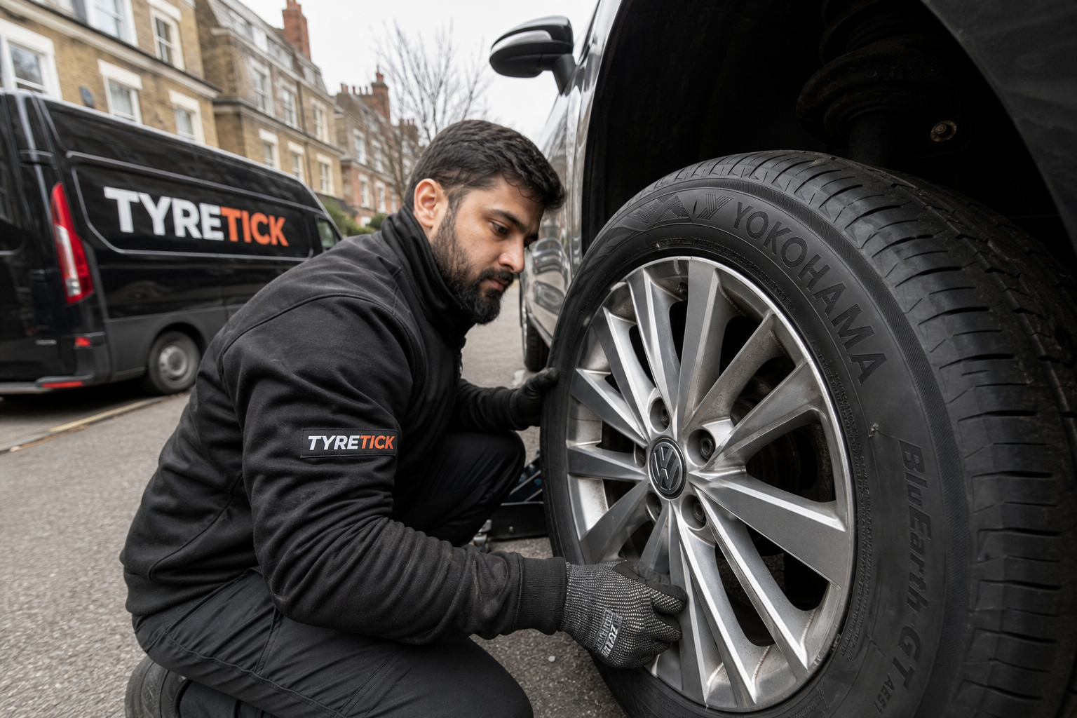 Yokohama tyres fitted to a Volkswagen Golf during mobile tyre fitting in Clapham