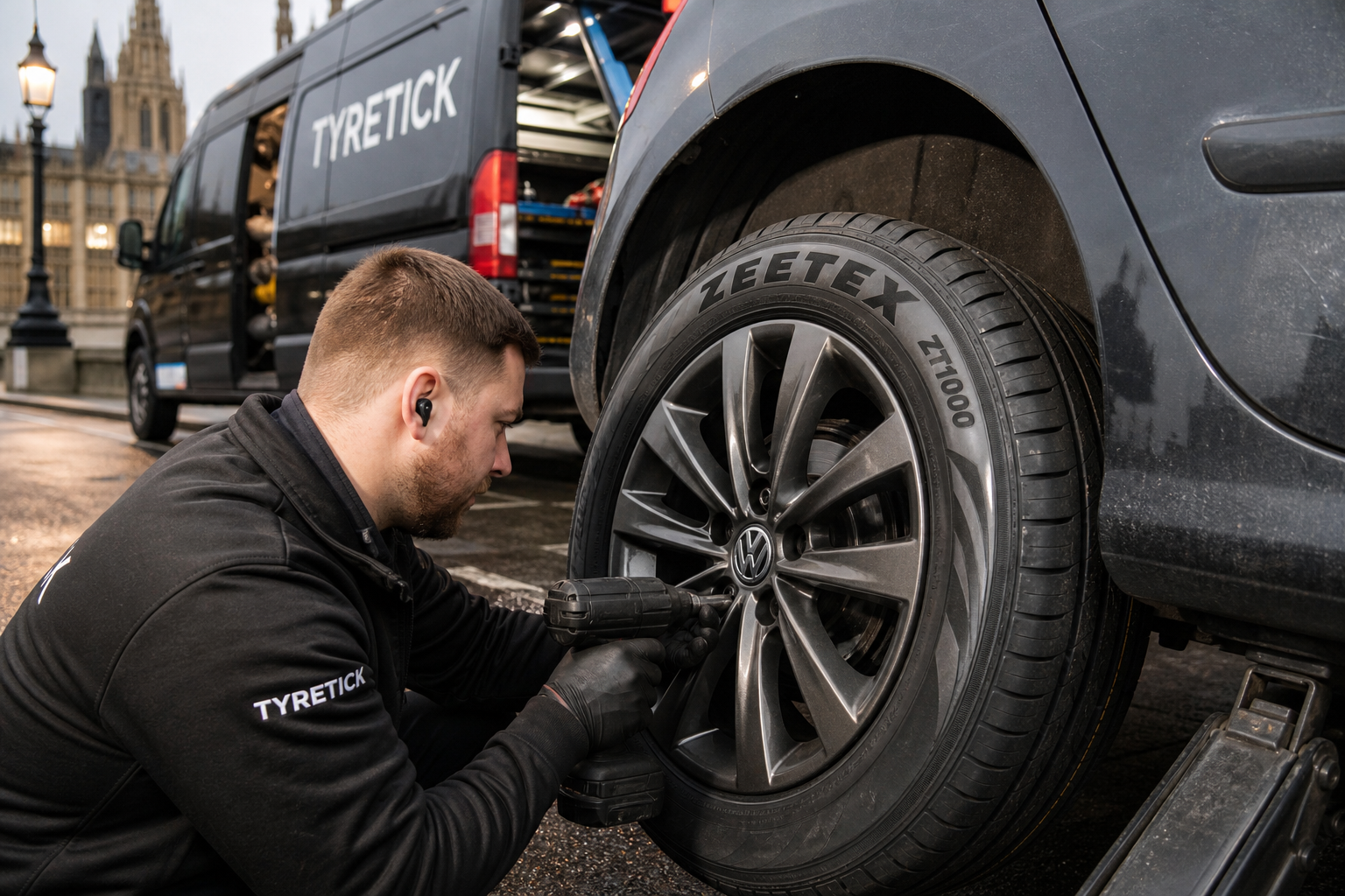 Mobile technician fitting Zeetex tyres to a Volkswagen Golf in Westminster