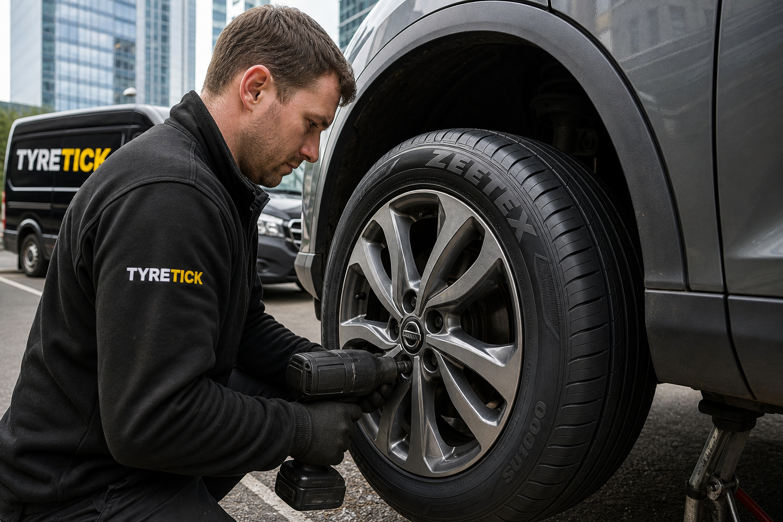 Zeetex tyres being fitted to a Nissan Qashqai in Canary Wharf